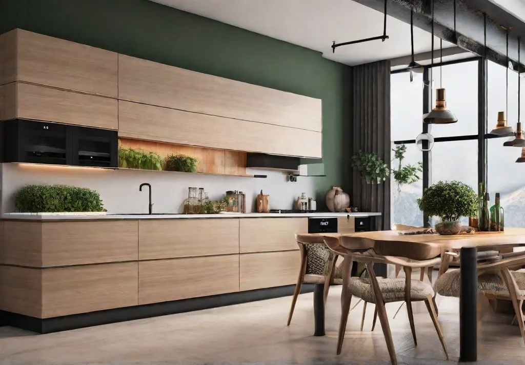 A cozy modern kitchen with soft golden lighting featuring olive green cabinetsfeat