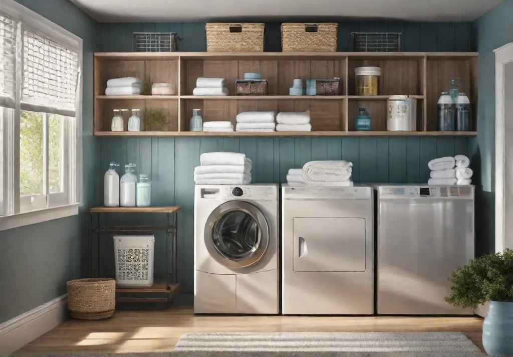 A cozy welllit laundry room featuring floating shelves filled with neatly labeledfeat