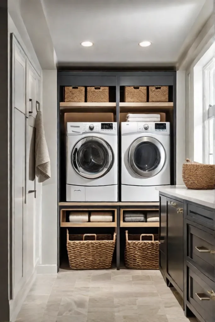 A creative solution for vertical storage floating shelves installed above the washer_resized