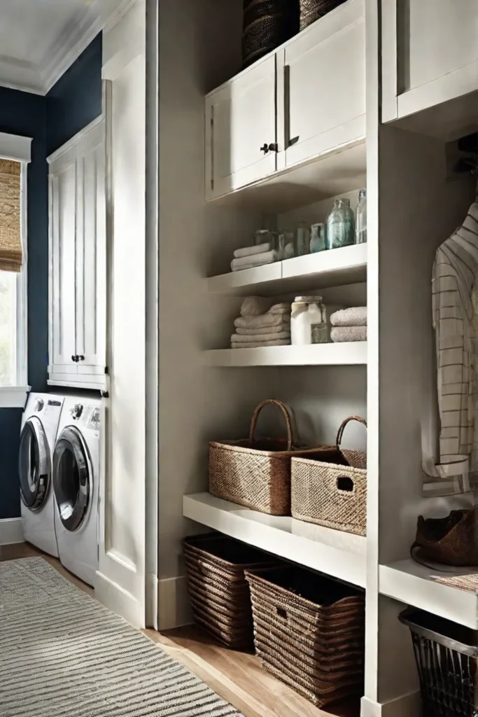 A creative use of a tension rod installed between laundry room cabinets_resized 1