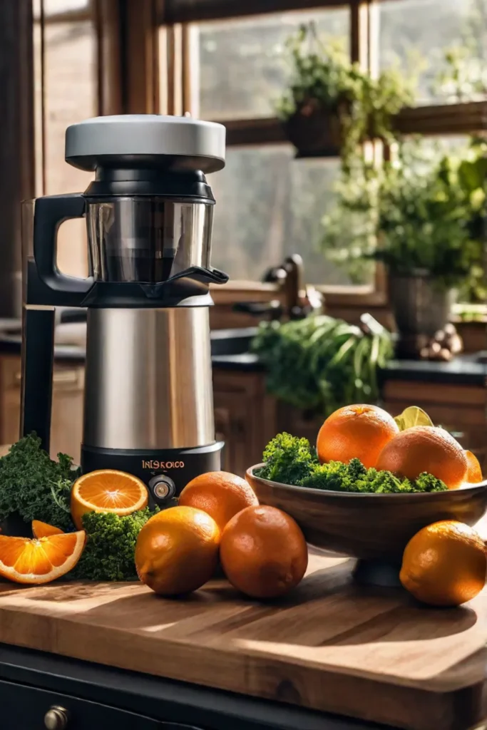 A cuttingedge compact juicer with parts displayed on a wooden cutting board