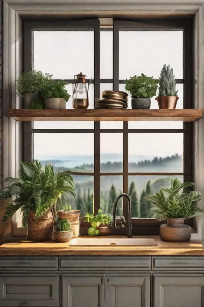 A delicate shelf above a kitchen window adorned with decorative items and