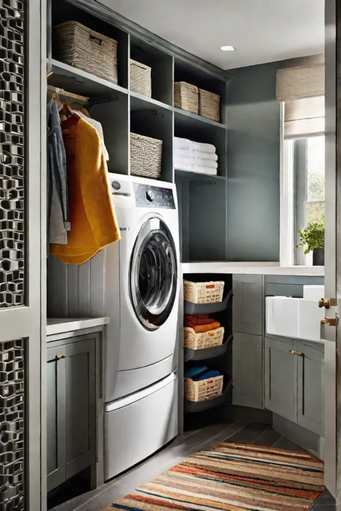 A familyfriendly laundry area featuring a lowmounted rolling hamper that children can_resized