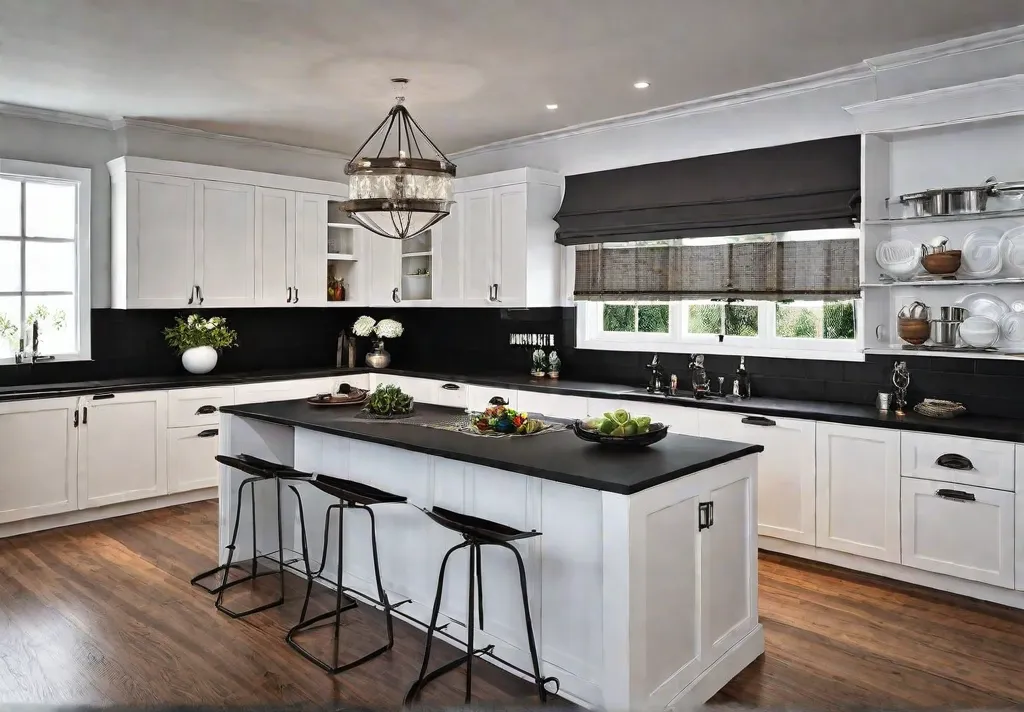 A farmhousestyle kitchen with clean white cabinets and sleek modern metal hardwarefeat