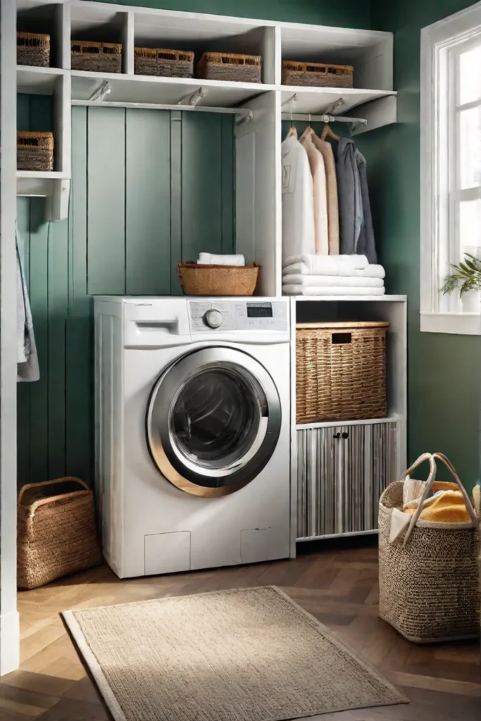 A festive laundry room corner featuring a mobile foldable work surface adorned_resized