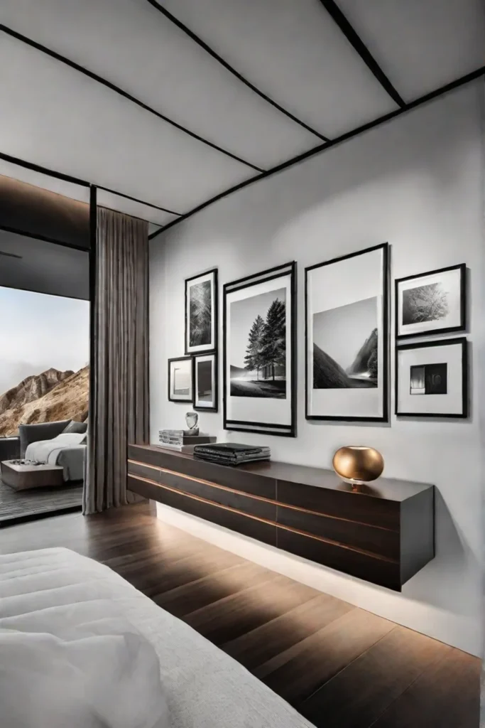 A gallery wall of black and white photographic prints above a minimalist