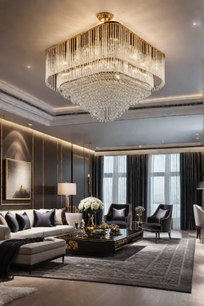 A glamorous living room with a statement chandelier as the focal point