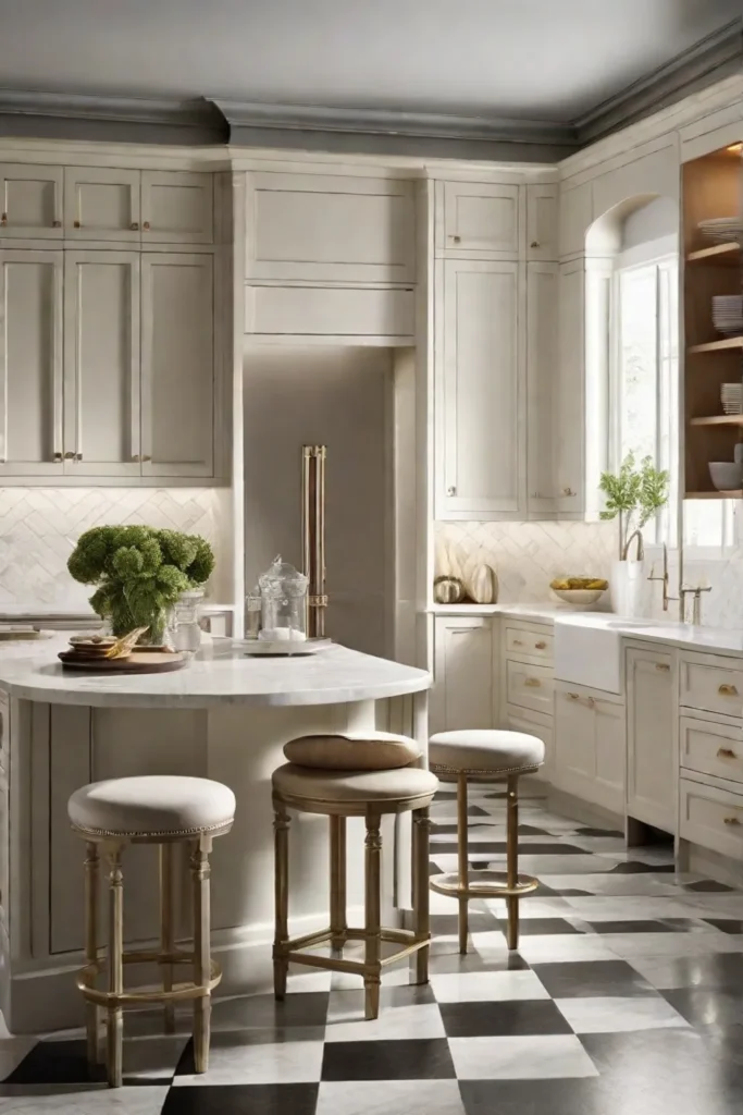 A kitchen scene where warm whites and creams dominate the space showcasing