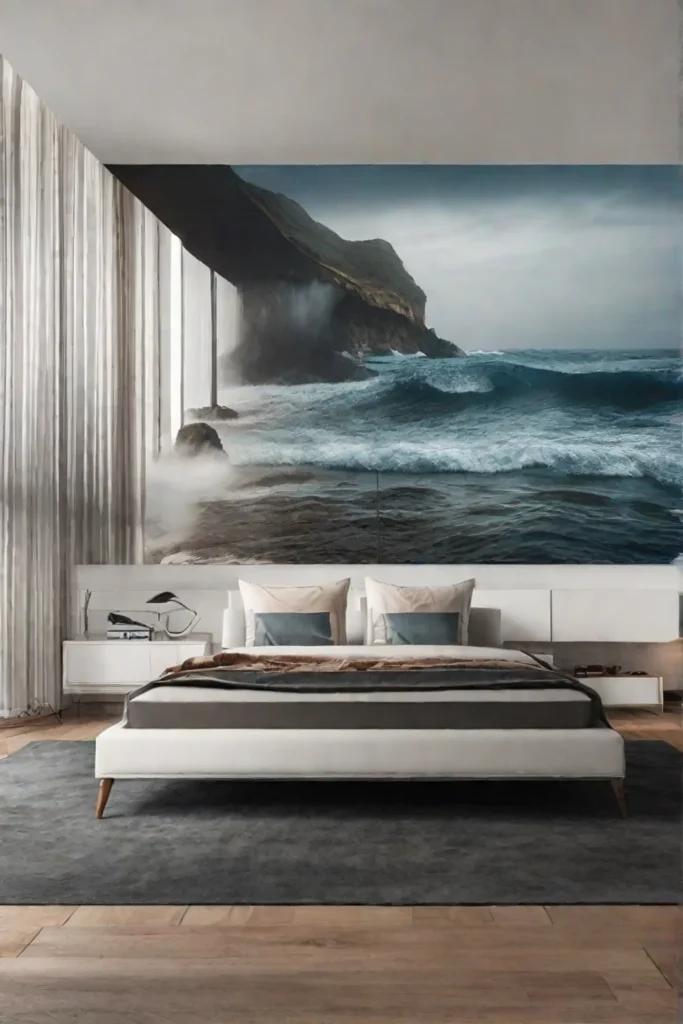 A large abstract painting hanging above the bed serving as the centerpiece