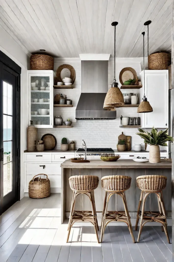 A light and airy coastal kitchen with whitewashed beadboard walls natural rattan