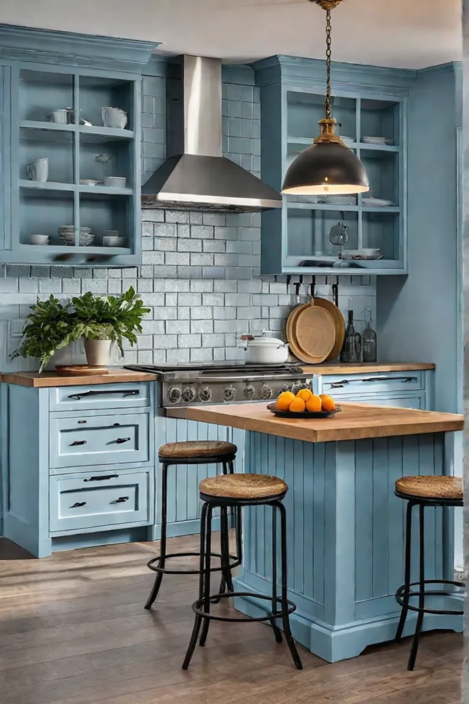 A lightfilled coastal kitchen with soft blue cabinetry and a white subway