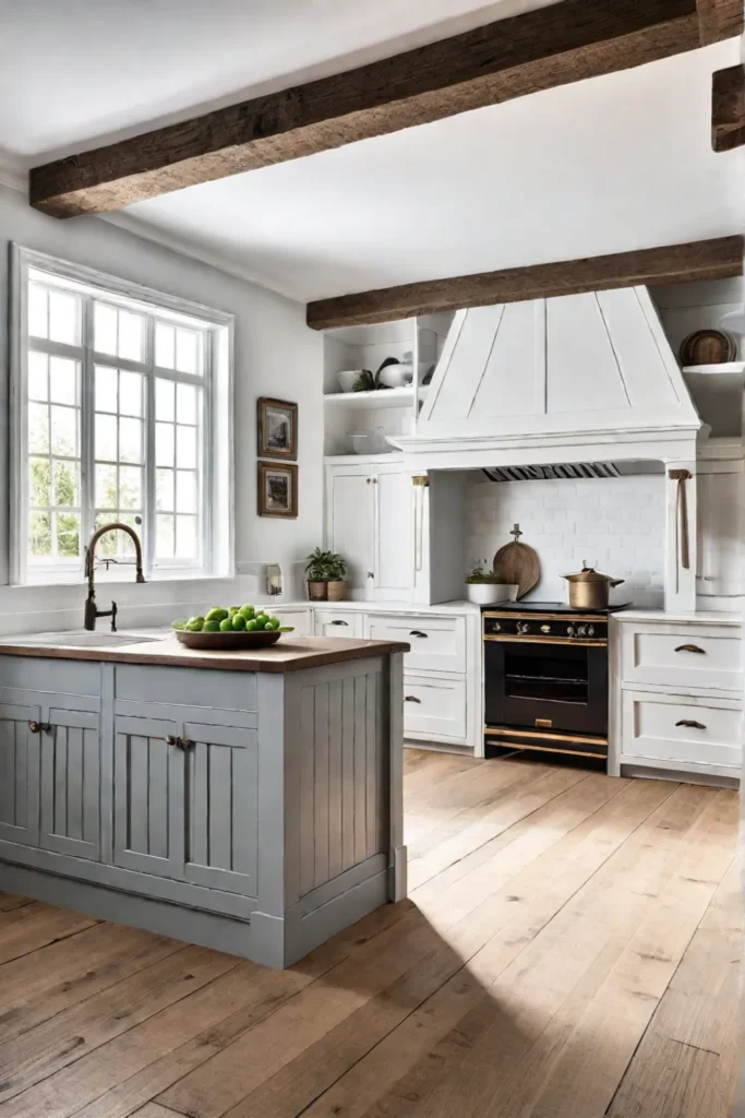 A lightfilled coastal kitchen with whitewashed wood beams clean white shakerstyle cabinets