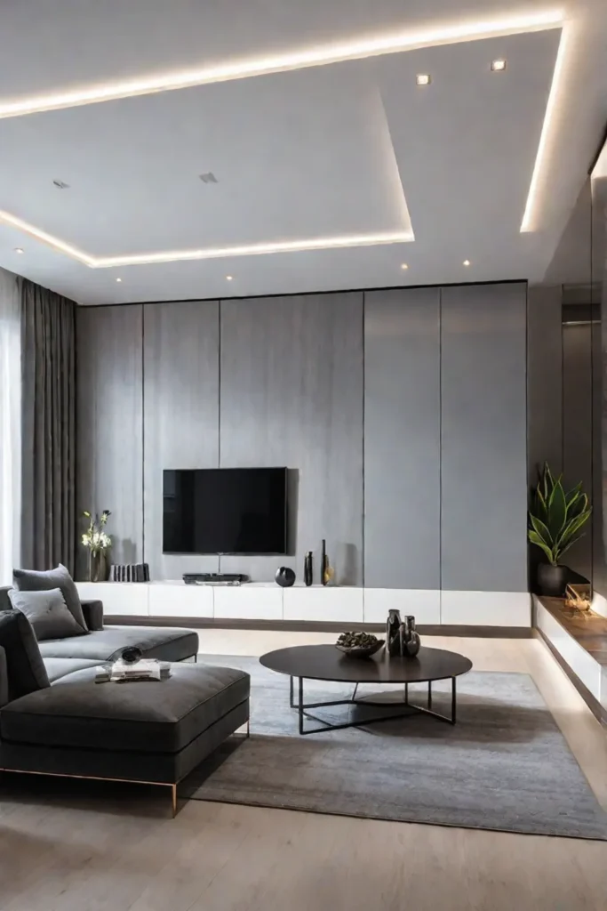 A living room with a clean minimalist design featuring a sleek media