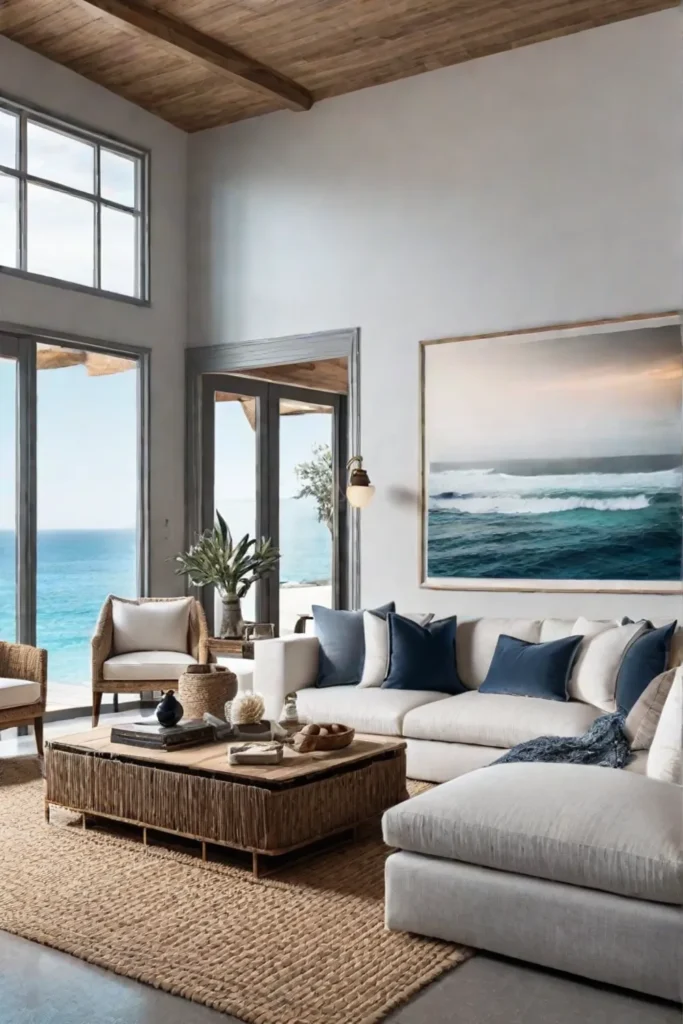 A living room with a coastal retreat feel featuring light blue walls