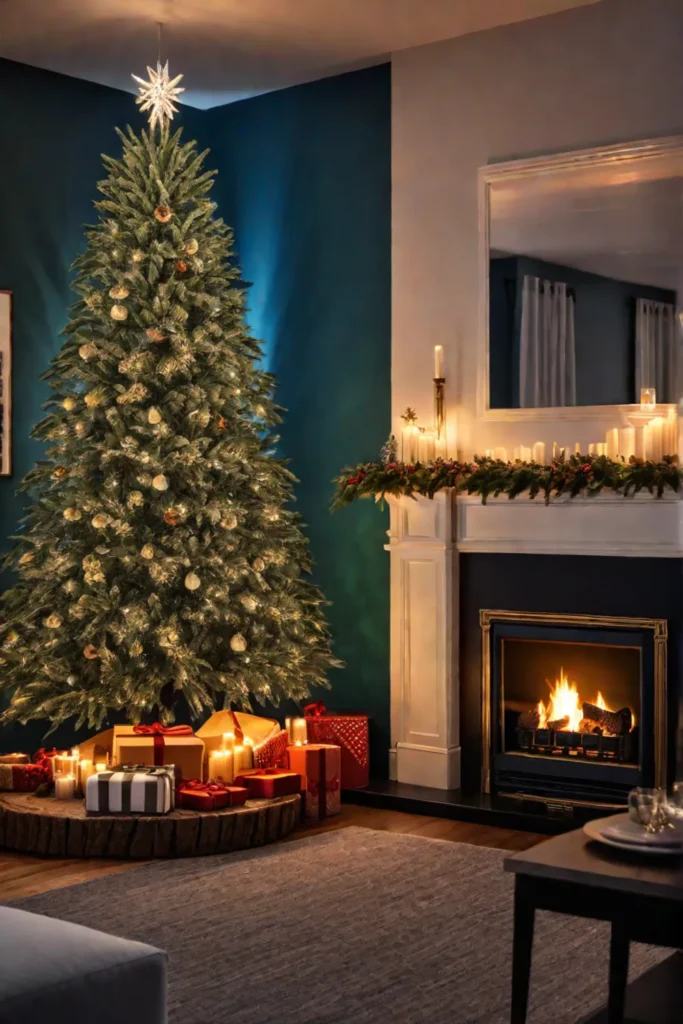 A living room with a festive and cozy atmosphere featuring a roaring
