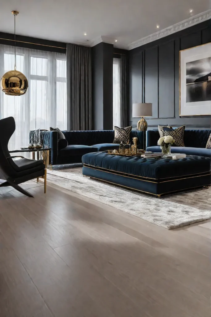 A living room with a glamorous and sophisticated feel featuring rich velvet