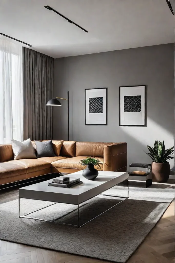 A living room with a minimalist design featuring clean lines a neutral