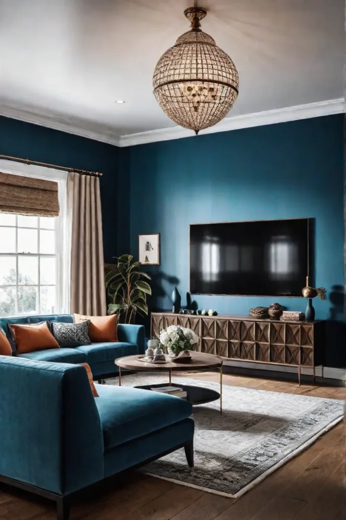 A living room with a modern chandelier a mix of velvet and