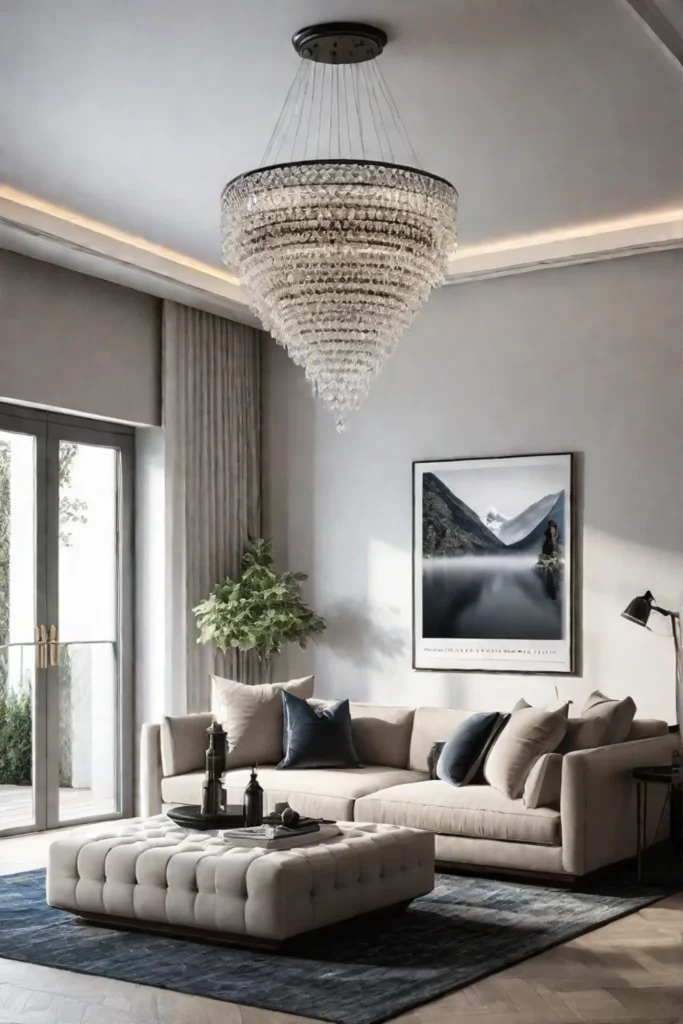 A living room with a modern sculptural light fixture a neutral color