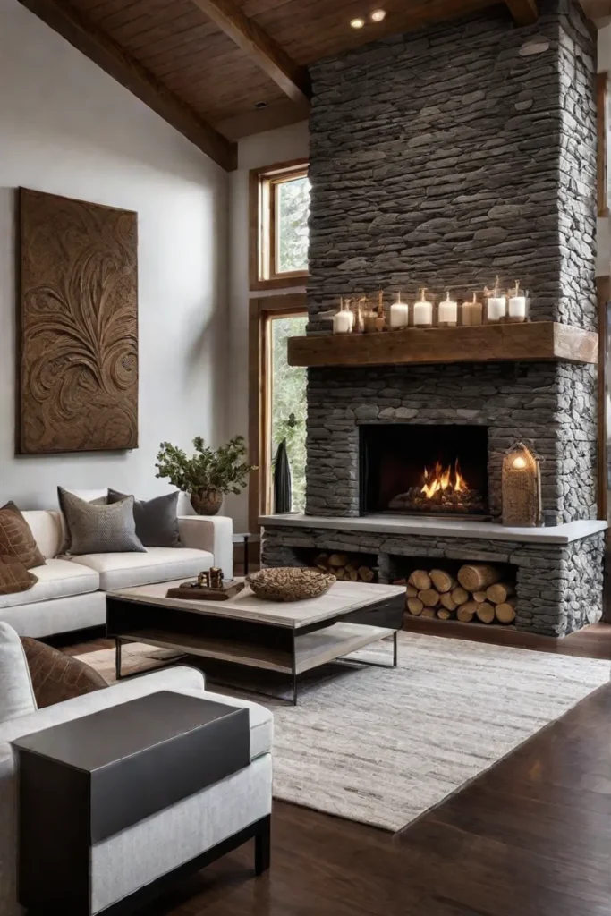 A living room with a warm and earthy feel featuring a stone