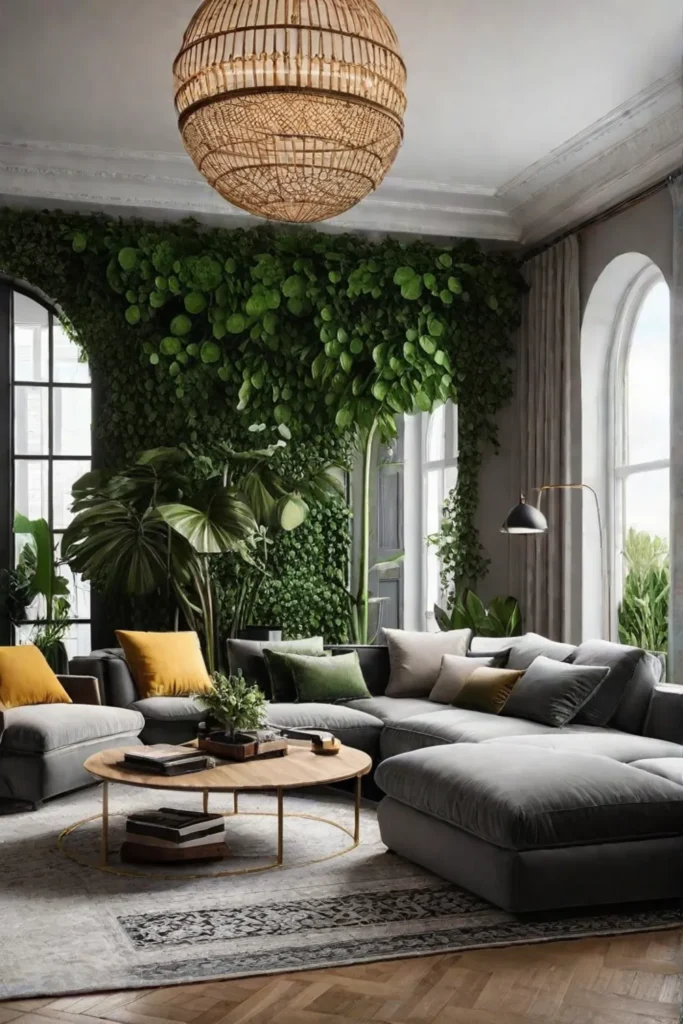 A living room with an abundance of potted plants natural wood and