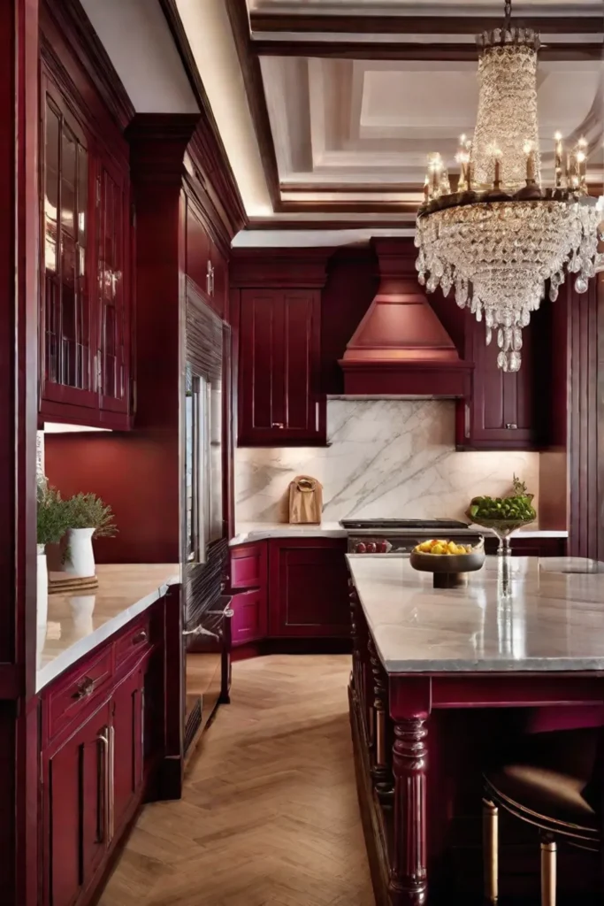 A luxurious traditional kitchen with walls in a soft burgundy shade featuring