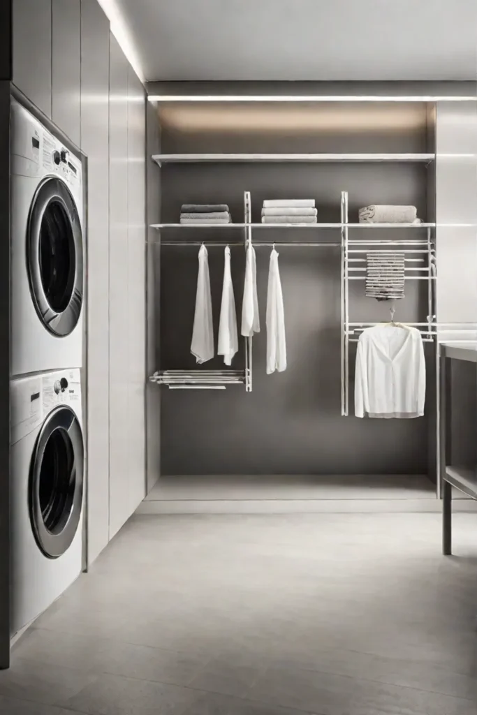 A minimalist laundry room with a sleek wallmounted drying rack extended with_resized