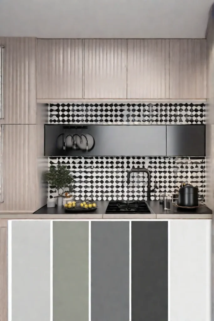 A minimalist white porcelain tile backsplash with geometric shapes providing a clean