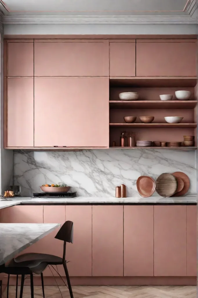 A minimalistic yet warm kitchen showcasing an accent wall painted in blush