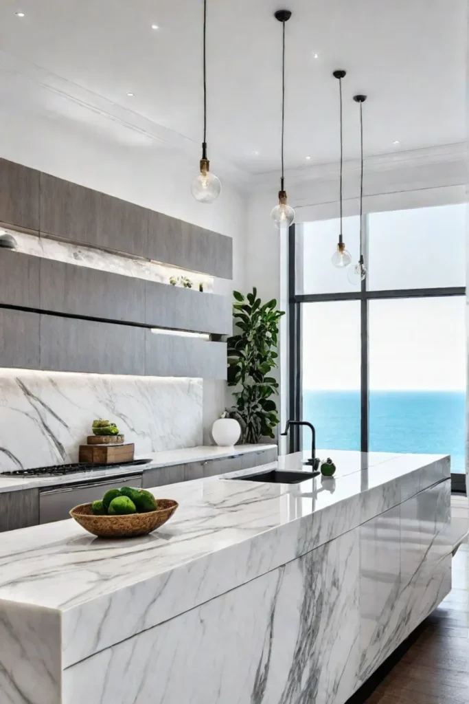 A modern coastal kitchen with clean lines sleek white cabinets a marbleinspired