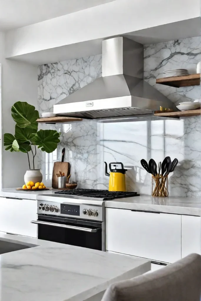 A modern coastal kitchen with clean lines sleek white cabinets open shelving