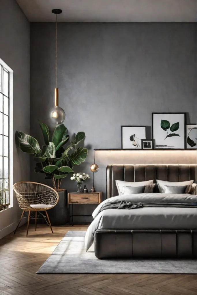 A modern industrial bedroom with a neutral color palette featuring a statement