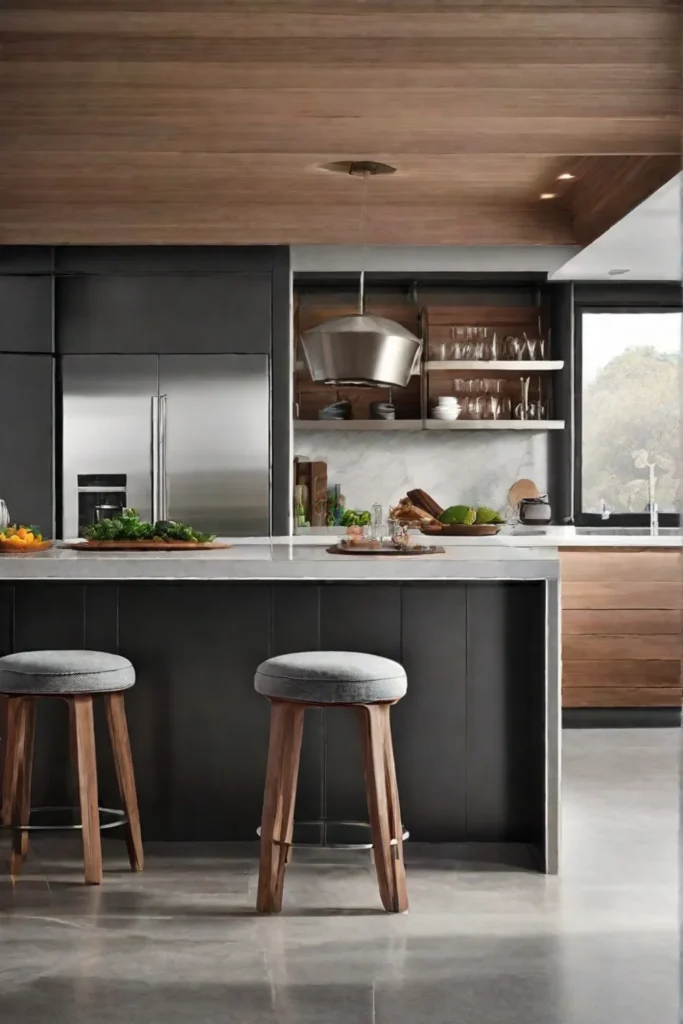 A modern kitchen island seamlessly integrating stainless steel appliances including a wine