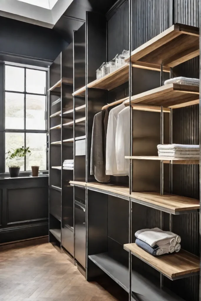 A modular shelving unit in a laundry room with adjustable shelves arranged_resized