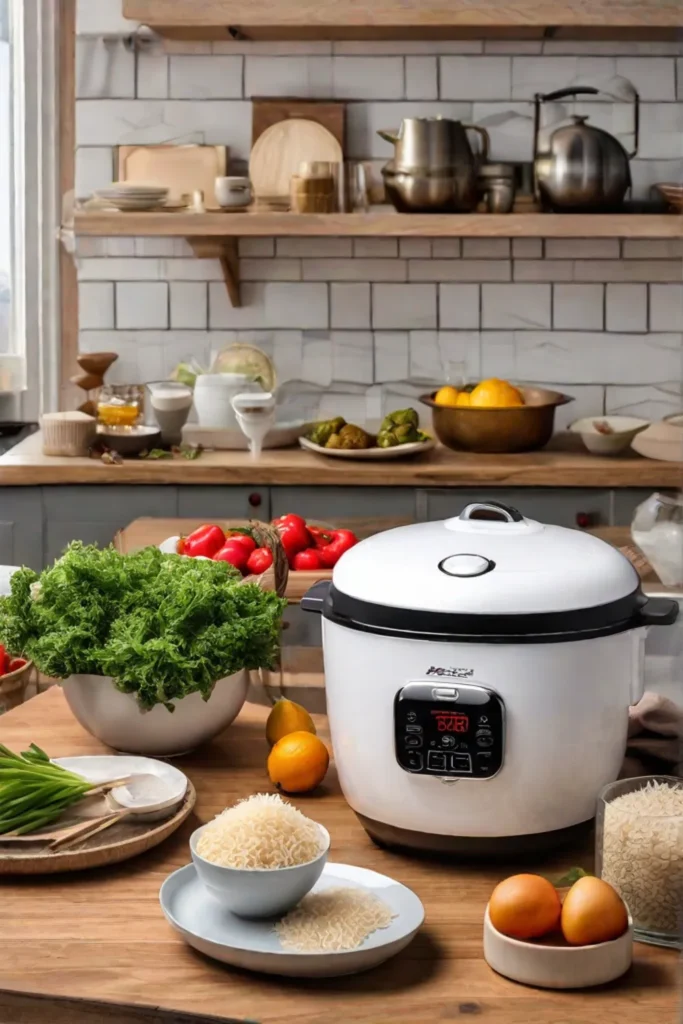 A multifunctional rice cooker with a steam tray shown on a kitchen