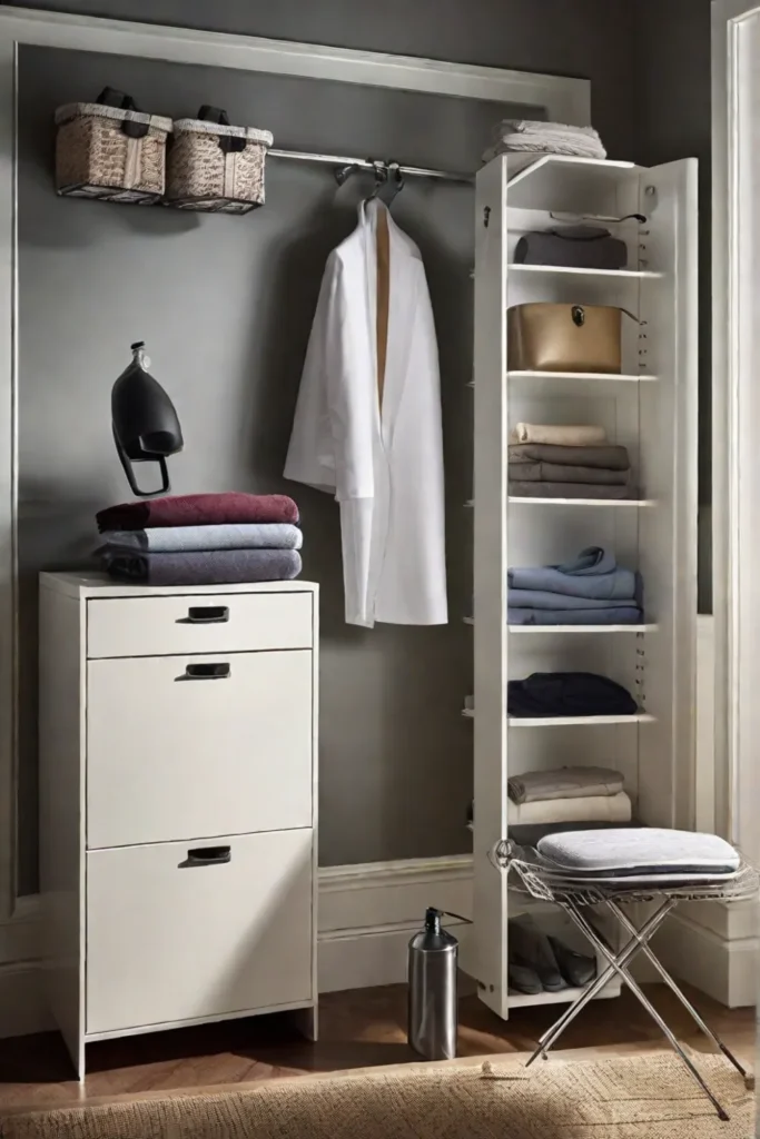 A neatly organized ironing station with a wallmounted ironing board in the_resized