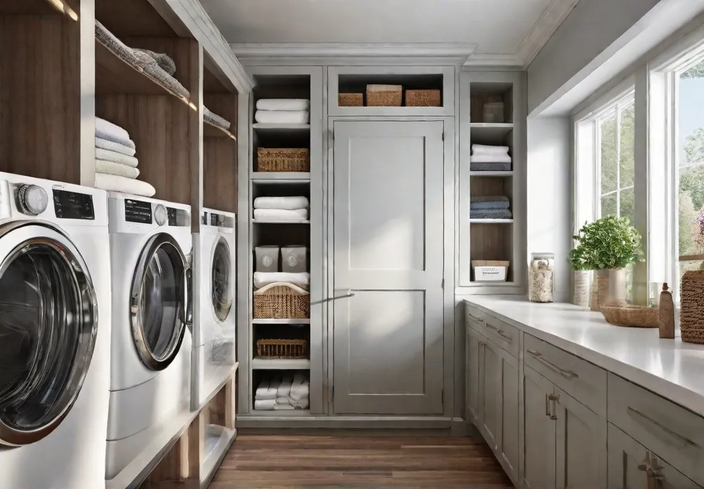 A neatly organized laundry room with wallmounted shelves filled with labeled clearfeat