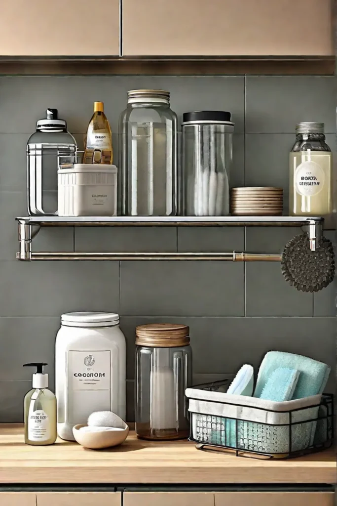 A neatly organized shelf within arms reach above the washer featuring a_resized