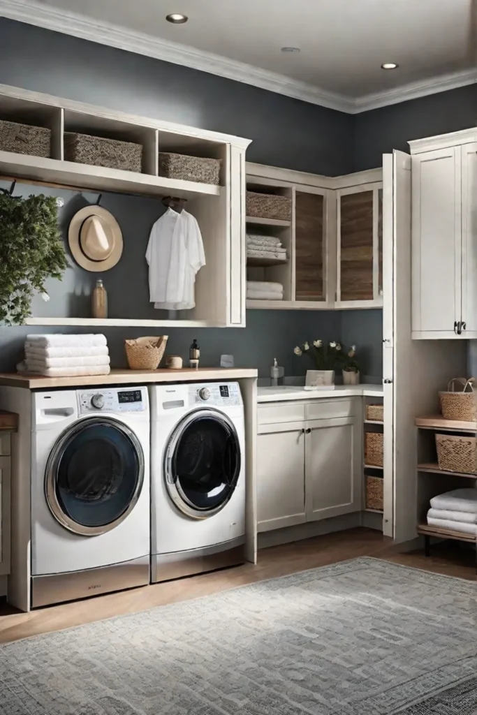 A panoramic view of a fully decluttered and organized laundry room that_resized