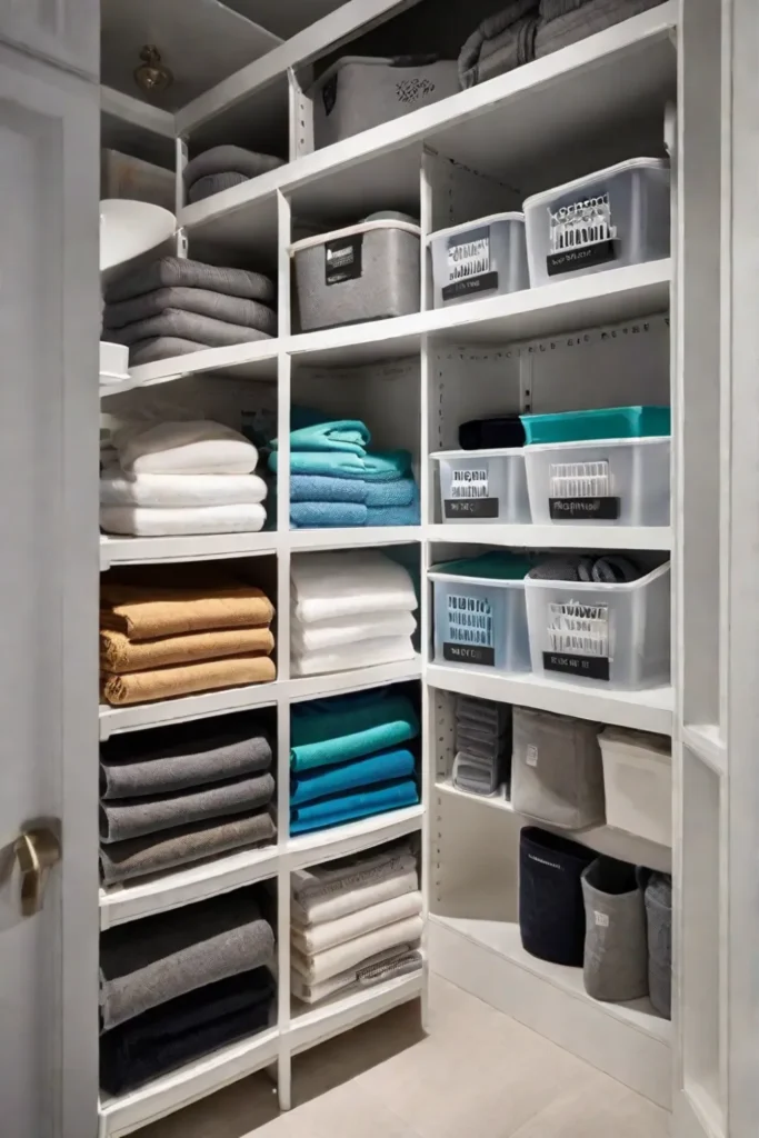 A photo of clear labeled storage bins stacked on a shelf each_resized