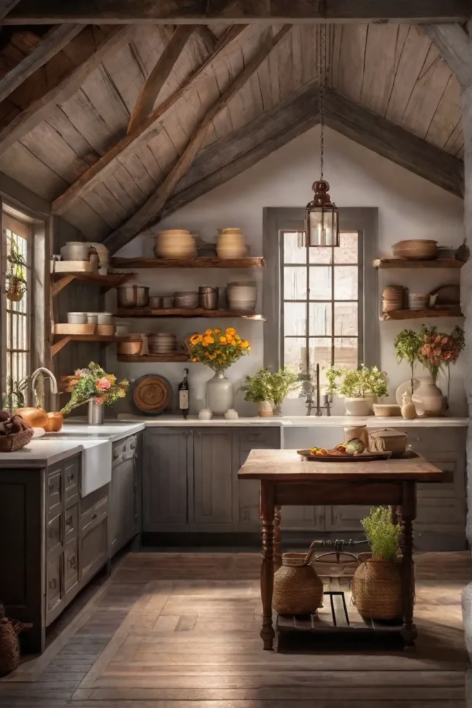 A rustic kitchen atmosphere featuring exposed brick walls painted in a warm