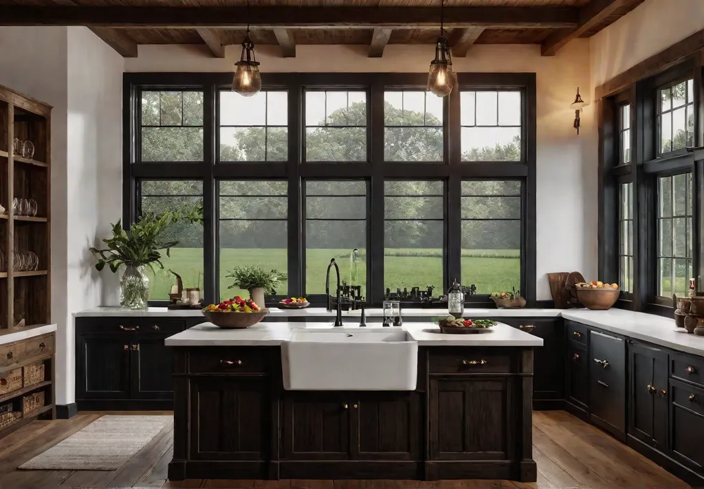 A rustic wooden farmhouse kitchen with shiplap walls and a large farmhousefeat