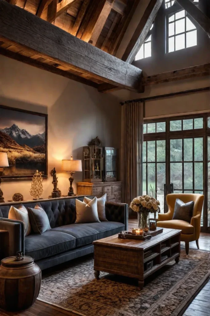 A rusticinspired living room with exposed wooden beams natural wood accents and