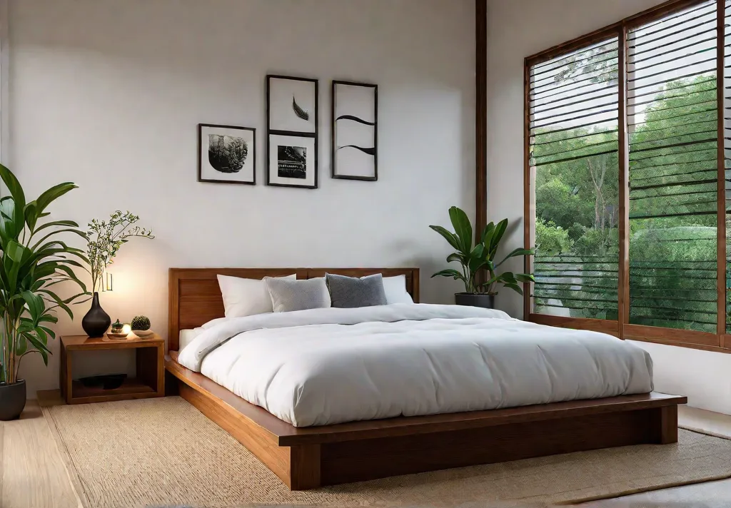 A serene Japaneseinspired bedroom with minimalist decor featuring a low futon bedfeat