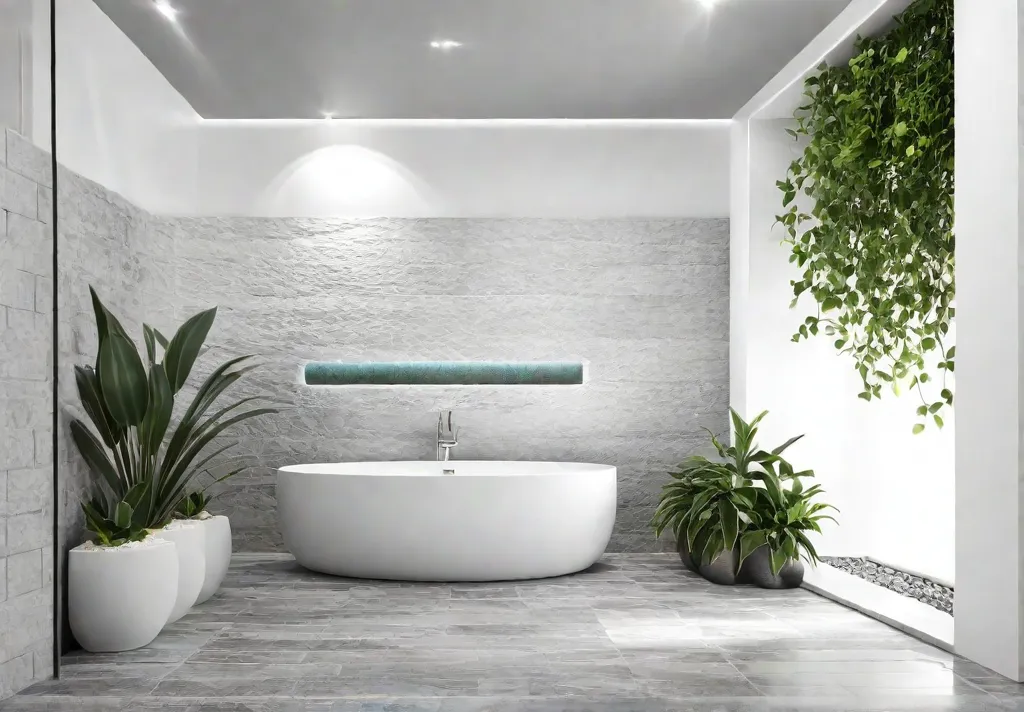 A serene bathroom with natural stone tiles and a large potted plantfeat