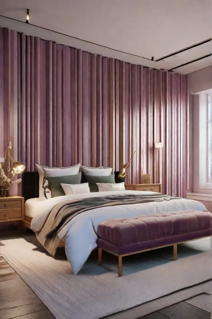A serene bedroom featuring walls painted in soft soothing shades of lavender