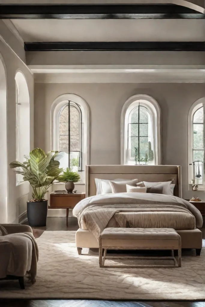 A serene bedroom with walls painted in soft creamy shades of beige