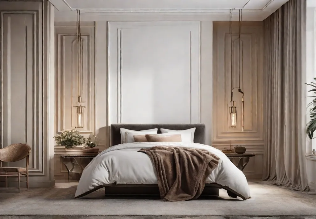 A serene bedroom with walls painted in soft creamy shades of beigefeat