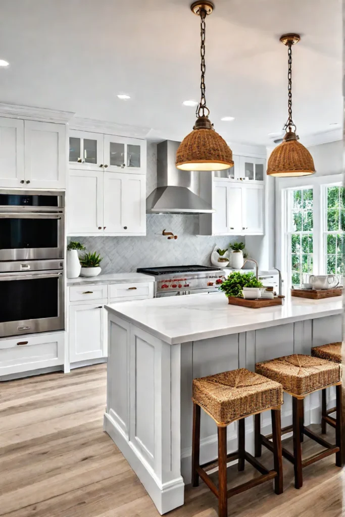 A serene coastal kitchen with white cabinets natural wood accents and a