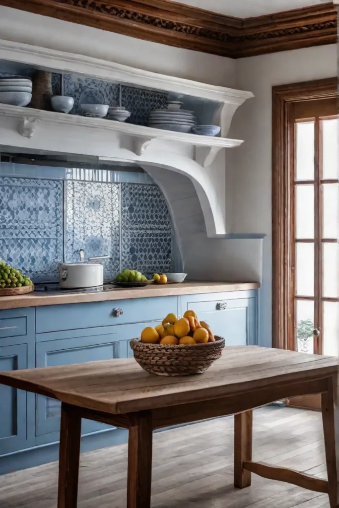 A serene kitchen design with walls in a calming shade of sky